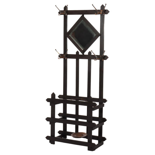 Antique Arts & Crafts Mission Oak Mirrored Hall Tree With Umbrella Stand c1920