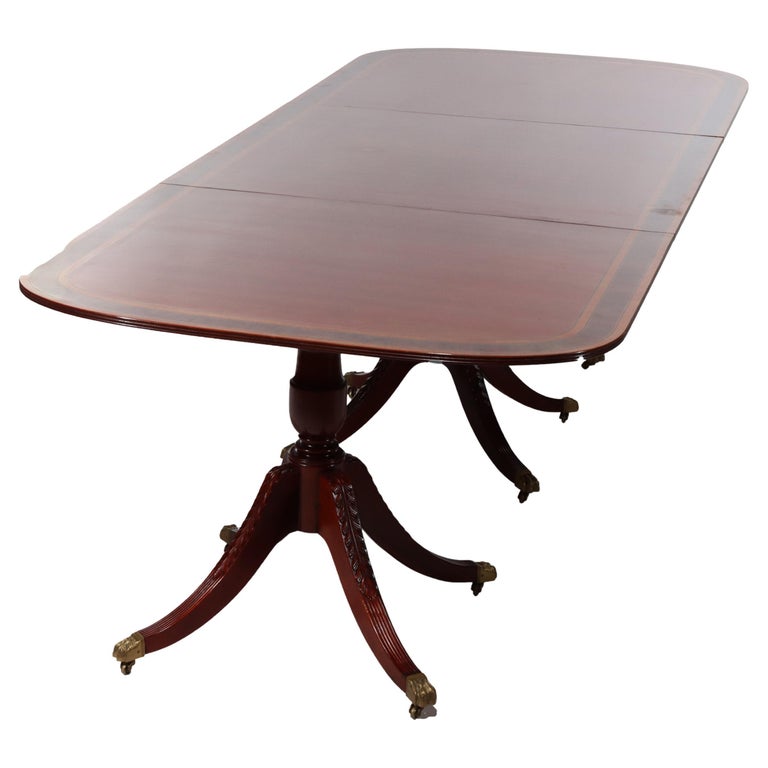 13' Mahogany Triple Pedestal & Cross Banded Conference Dining Table 20thC