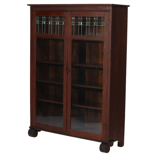 Antique Arts & Crafts Oak Double Door Bookcase with Leaded Glass C1920