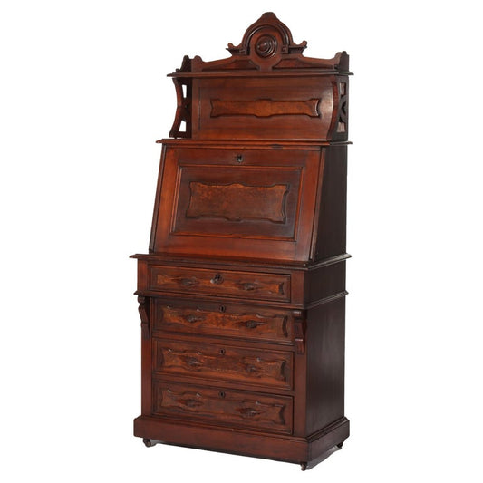 Antique Renaissance Revival Walnut & Burl Four-Drawer Drop Front Secretary c1880