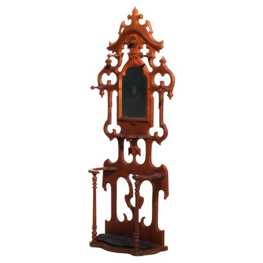 Antique Victorian Gothic Mirrored Walnut Hall Tree With Umbrella Stand c1890