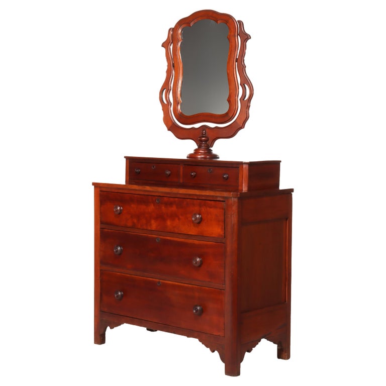 Antique Shaker School Cherry 5-Drawer Chest With Mirror C1890
