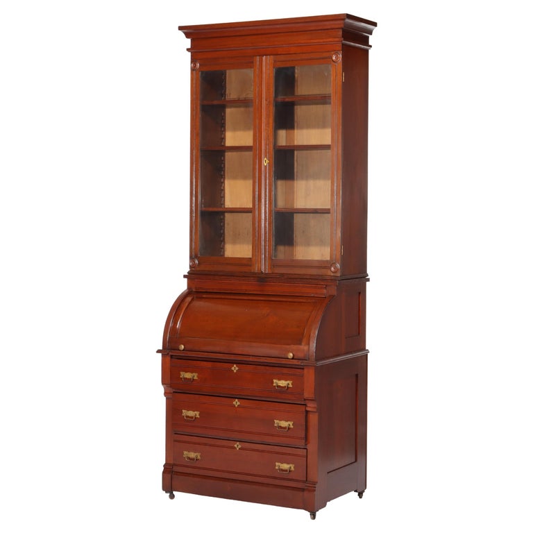 Antique Eastlake Walnut Cylinder Roll Top Desk C1890