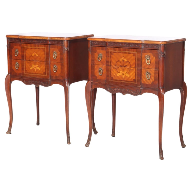 Pair Of Antique French Louis XV Mahogany & Satinwood Inlaid 2-Drawer Stands