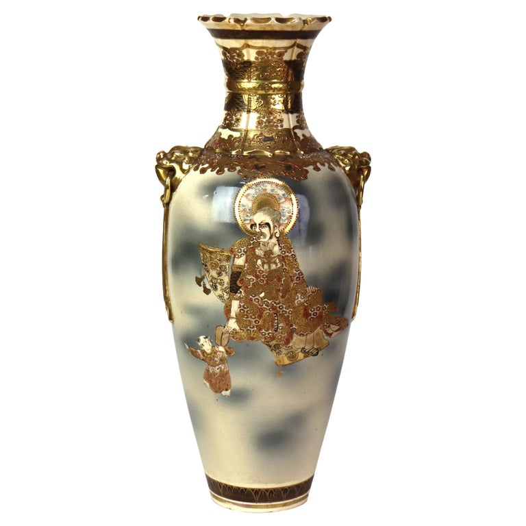 Antique Japanese Meiji Satsuma Figural Gilt Pottery Vase C1900