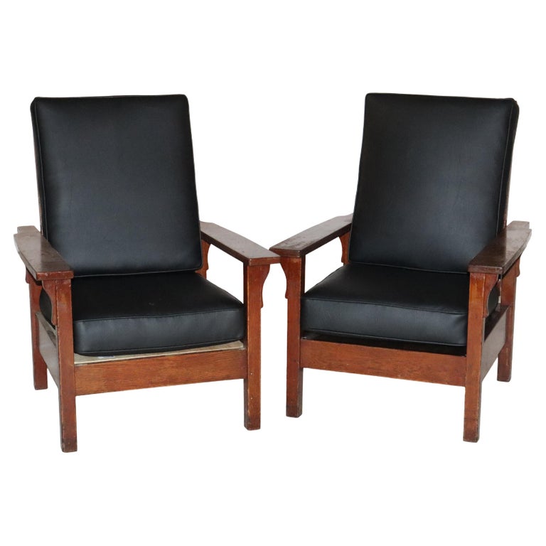 Pair Antique Gustav Stickley Arts & Crafts Mission Oak Morris Chair Signed c1910