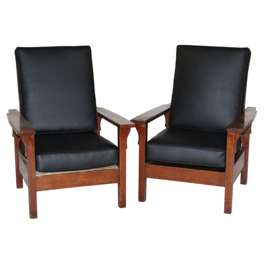 Pair Antique Gustav Stickley Arts & Crafts Mission Oak Morris Chair Signed c1910
