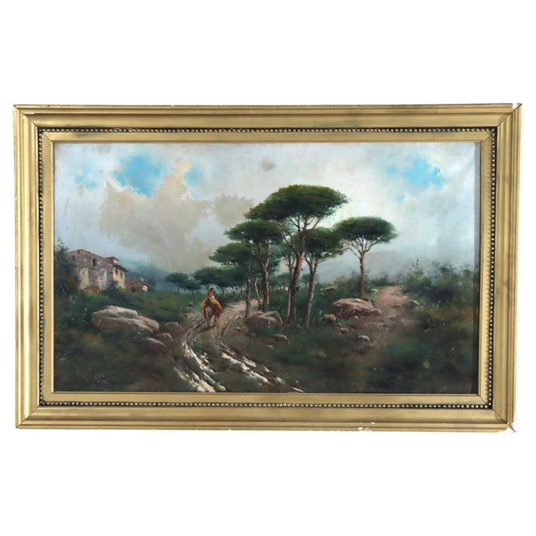 Large Antique Oil on Canvas Landscape Painting C1907