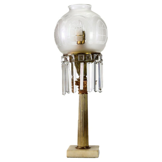 Antique Argand Neoclassical Brass, Crystal & Marble Solar Table Lamp C1840