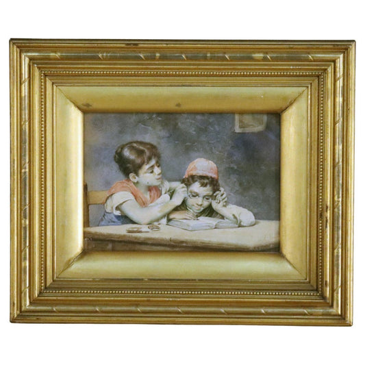 Antique Watercolor on Paper of Two Children C1910