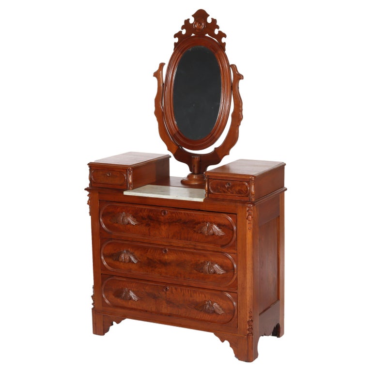 Renaissance Revival Mirrored Drop Center Walnut & Marble Dresser C1890