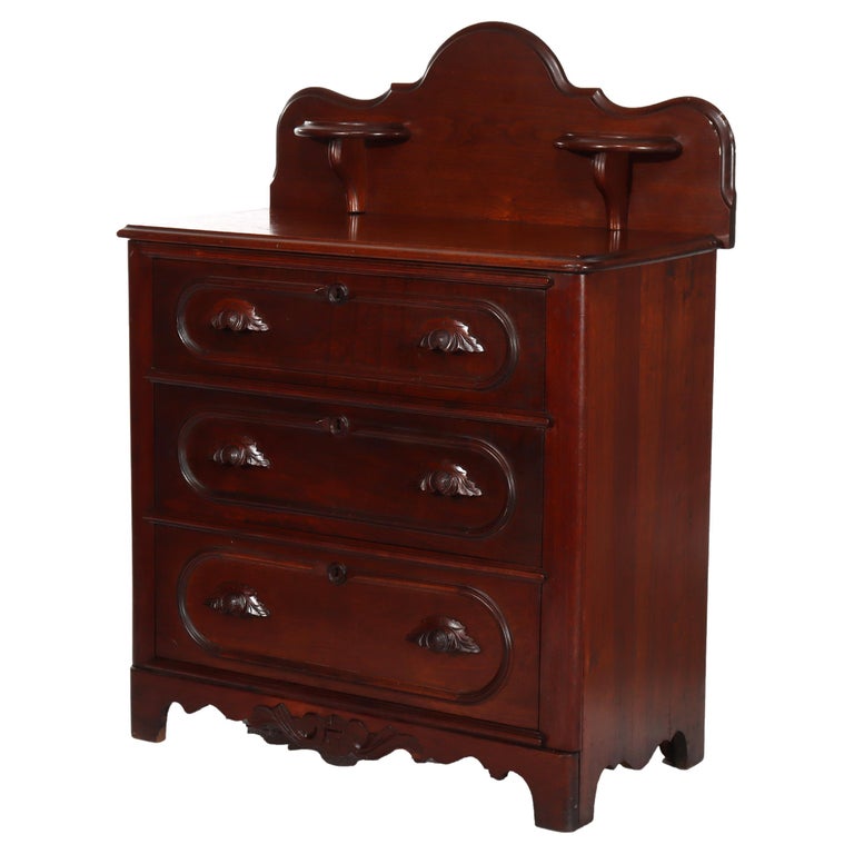 Antique Carved Walnut 3-Drawer Commode With Backsplash & Shelves c1890