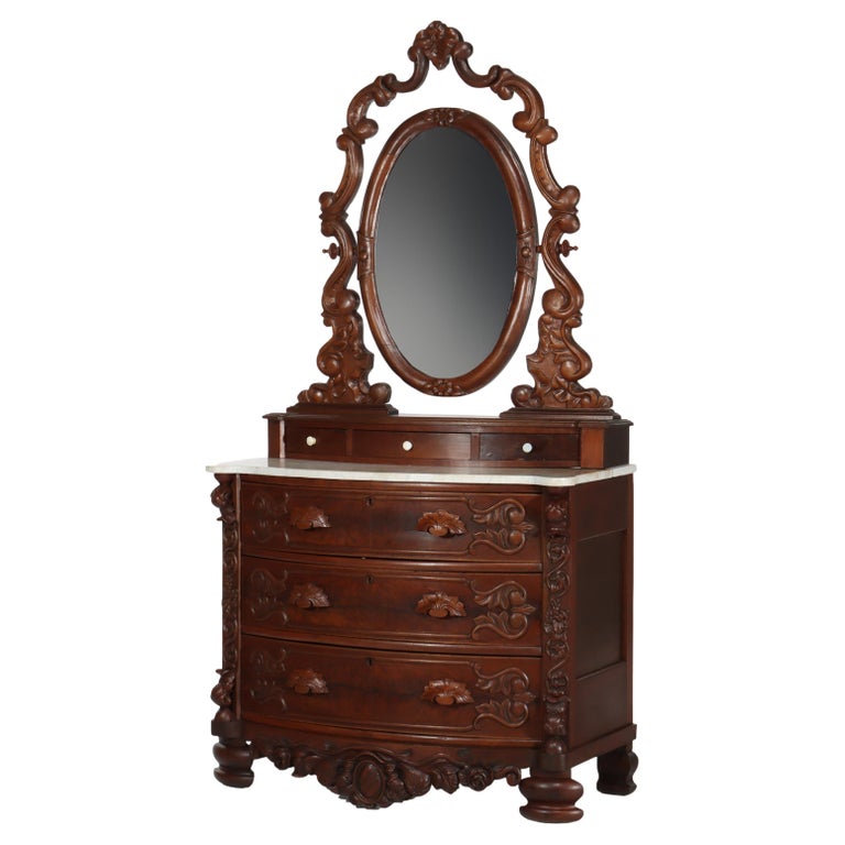 Antique Victorian Rococo Carved Walnut Marble Top Dresser With Mirror c1890
