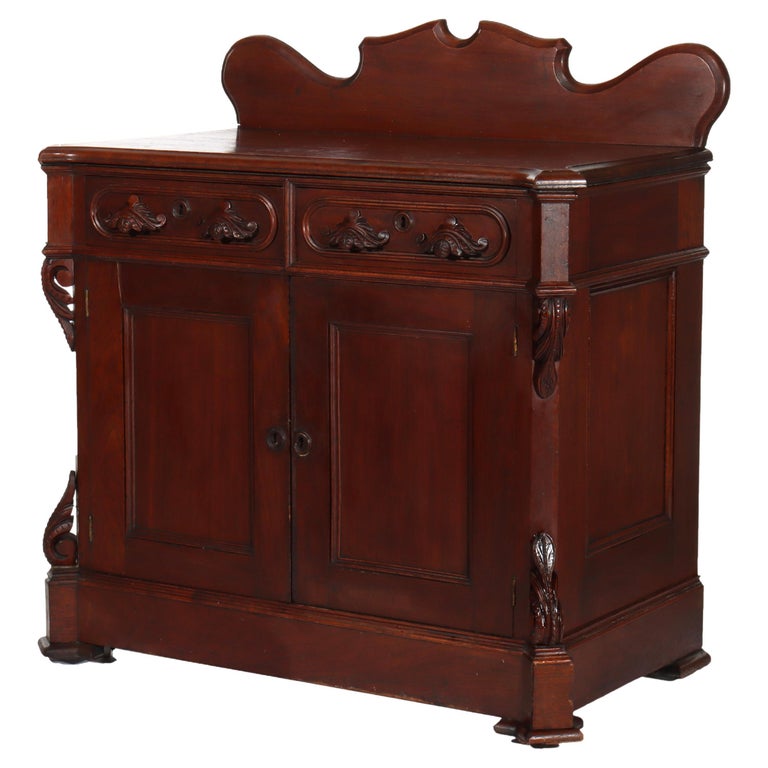 Antique Carved Walnut 2-Door 2-Drawer Washstand With Backsplash c1900