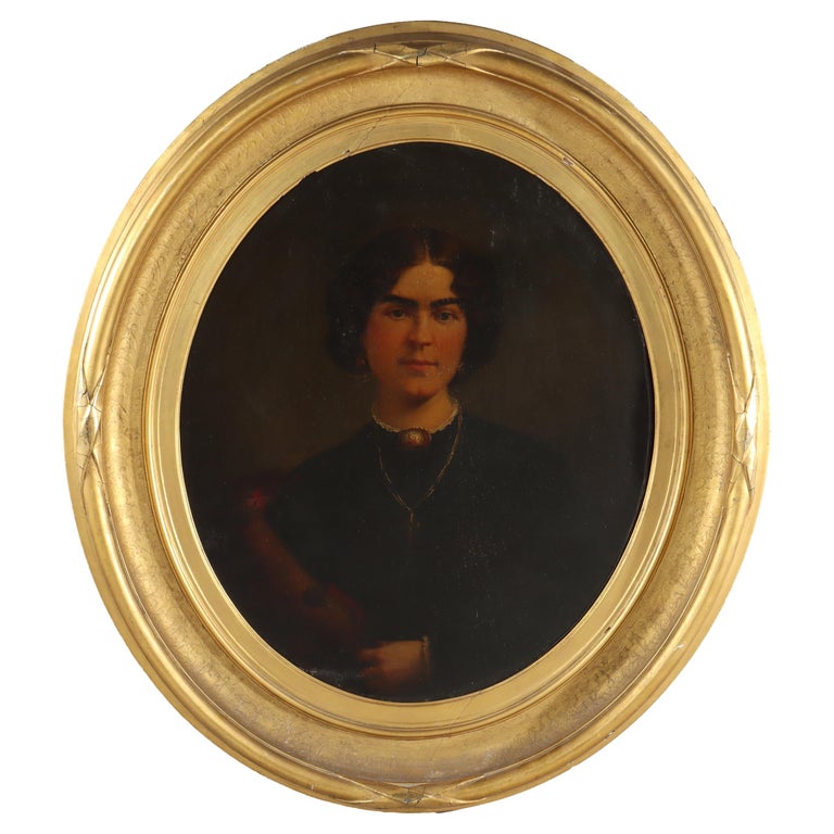 Oversized Oil On Canvas Portrait Of A Spanish Woman, 1st Finish Giltwood, c1880