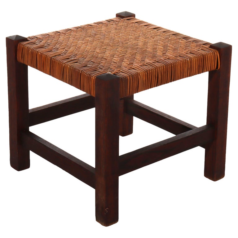Antique Stickley Arts & Crafts Mission Oak Splint Weave Footstool c1920