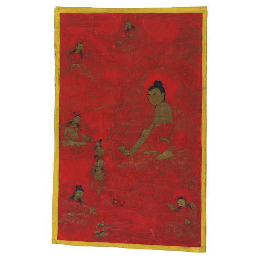 Antique Tibetan Thangka Painting with Figures, Red Ground, Signed 19thC