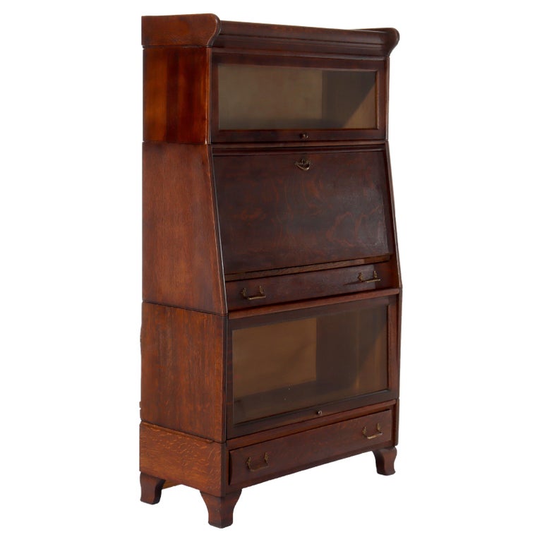 Antique Globe Wernicke School 3 Stack Drop Front Barrister Bookcase c1920