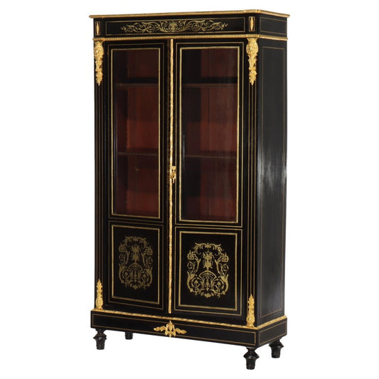 Antique French Louis XVI Style Ebonized & Gilt Bookcase With Ormolu Mounts 20thC