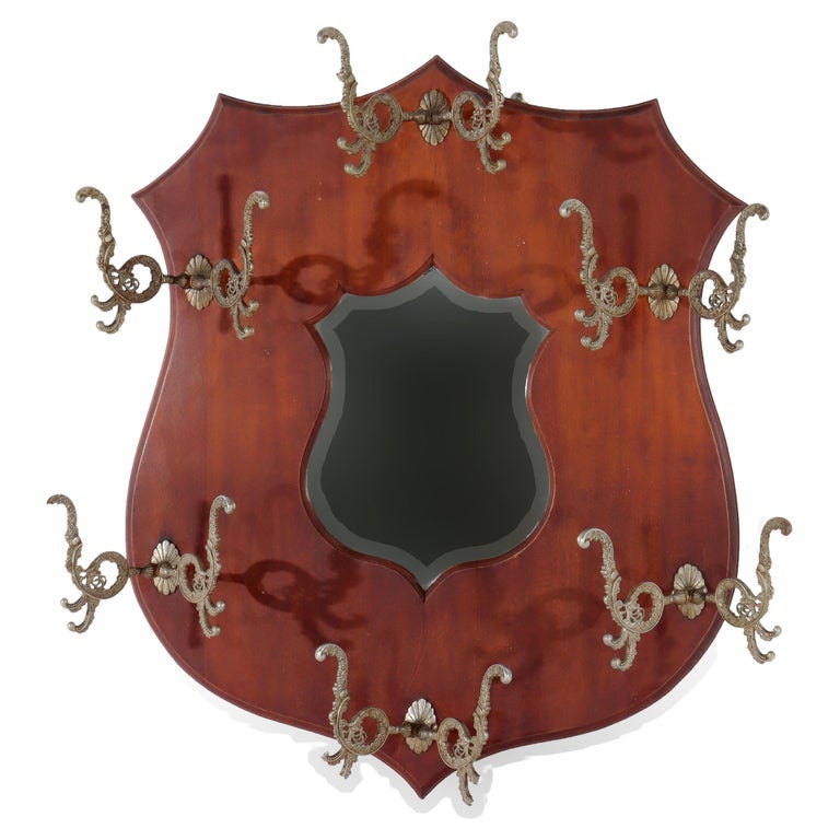 Antique Shield Form Walnut Mirrored Hat Rack With Six Hooks c1890