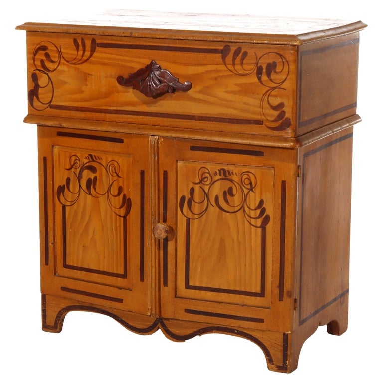 Antique Faux Painted Chestnut Lift Top 2-Door Stenciled Commode c1890