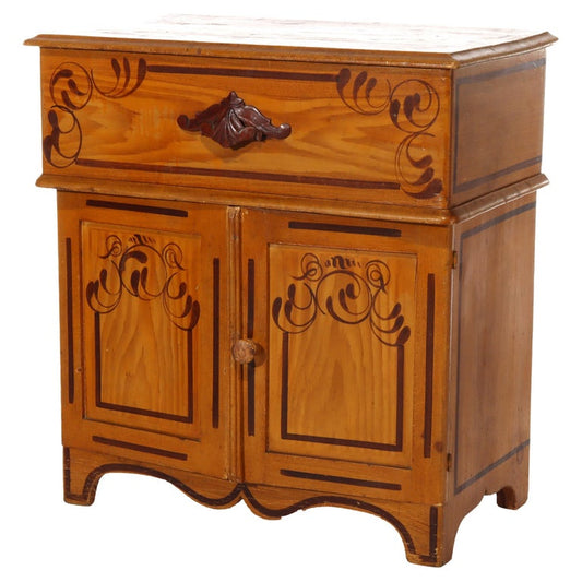 Antique Faux Painted Chestnut Lift Top 2-Door Stenciled Commode c1890