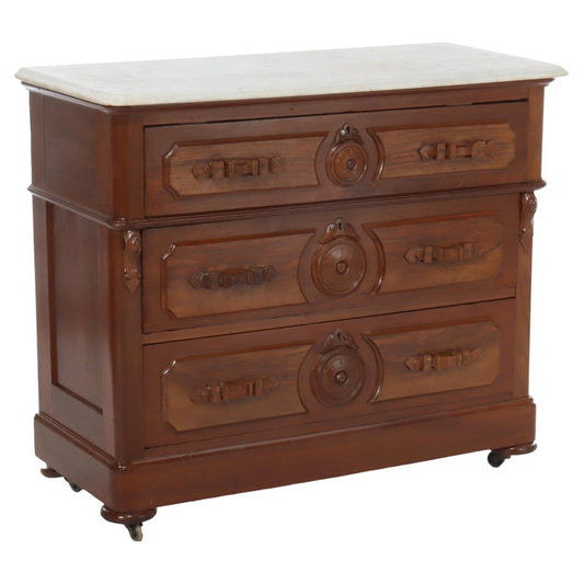 Antique Walnut 3-Drawer Marble Top Chest With Carved Medallions & Pulls c1890