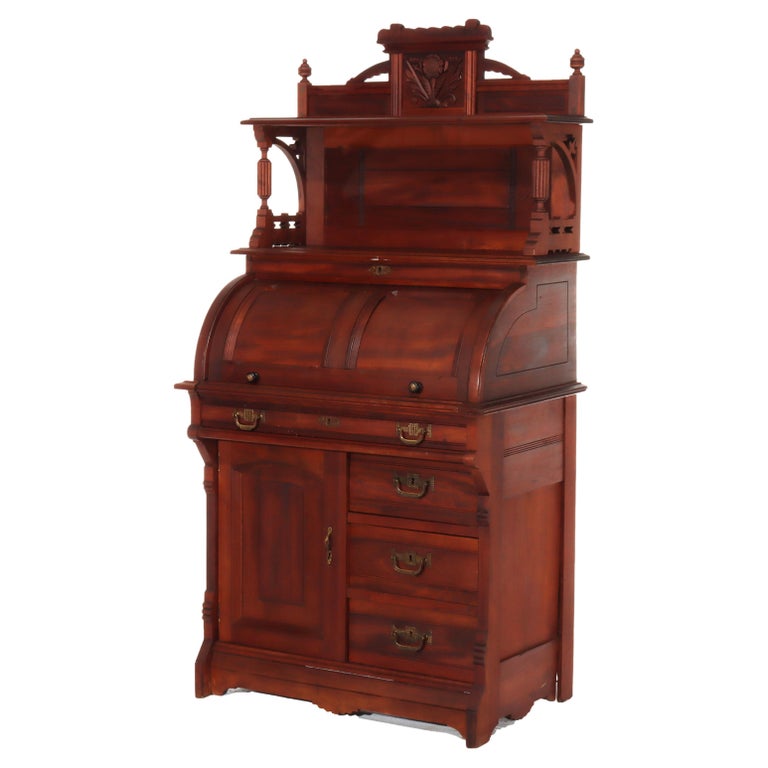Antique Eastlake Walnut Cylinder Roll Top Paneled Secretary Desk c1890