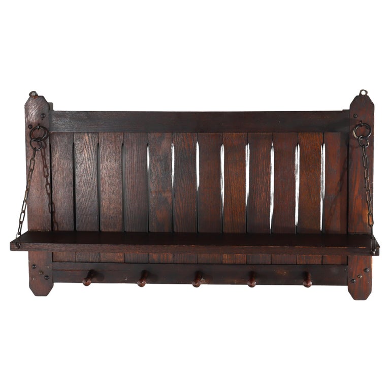 Antique Arts & Crafts Mission Oak Hat Rack With Shelf C1910