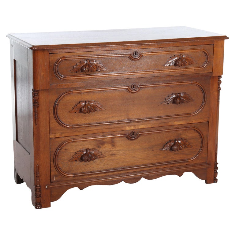 Antique Victorian Walnut 3-Drawer Chest With Carved Pulls C1890