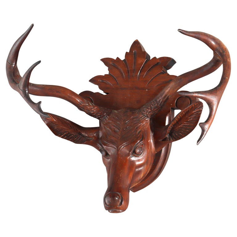 Antique Black Forest Carved Walnut Stag Head C1890