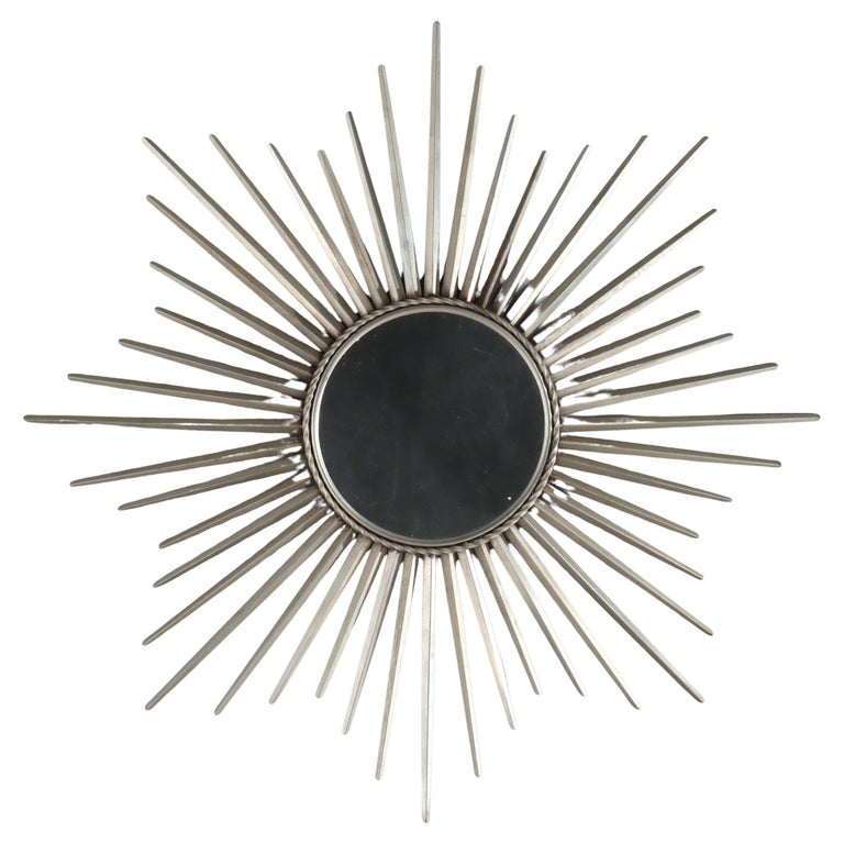 Vintage MCM Silver Gilt Metal Sunburst Mirror Unsigned C1970