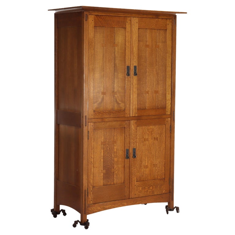 Vintage Stickley Arts & Crafts Oak & Hammered Copper Entertainment Cabinet
