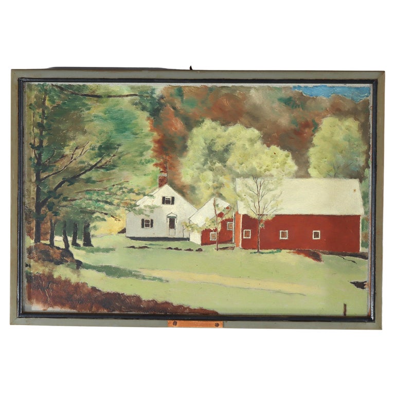 Antique Oil On Board Landscape Painting of a Vermont Farm C1930