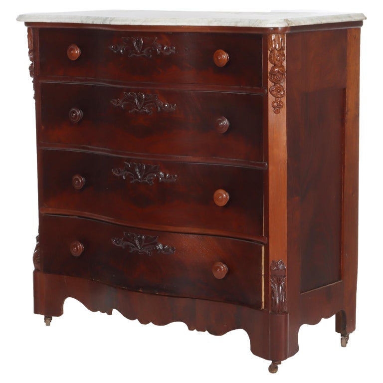 Antique Carved Flame Mahogany Serpentine 4-Drawer Marble Top Dresser