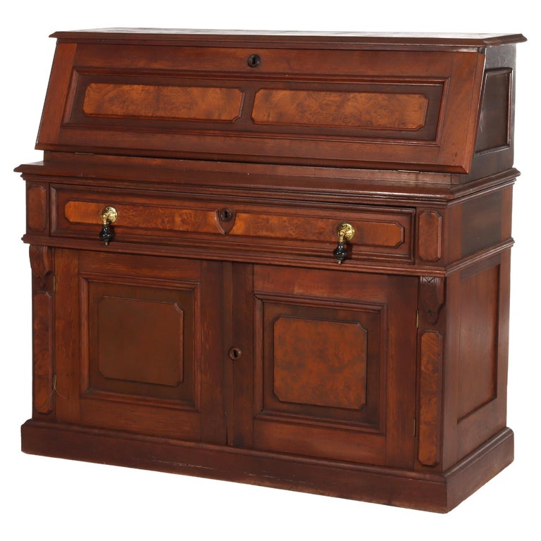 Antique Walnut & Burl Drop Front Desk With Teardrop Pulls c1880