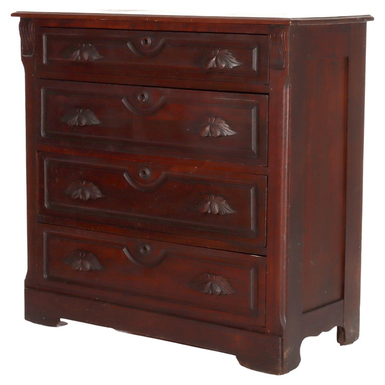 Antique Walnut 4-Drawer Dresser With Carved Pulls C1890