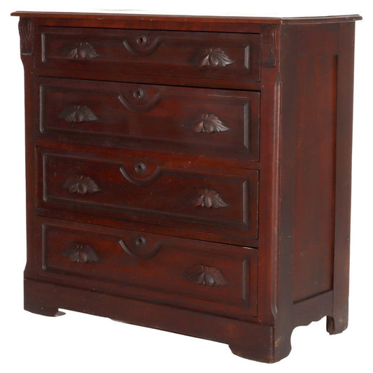 Antique Walnut 4-Drawer Dresser With Carved Pulls C1890
