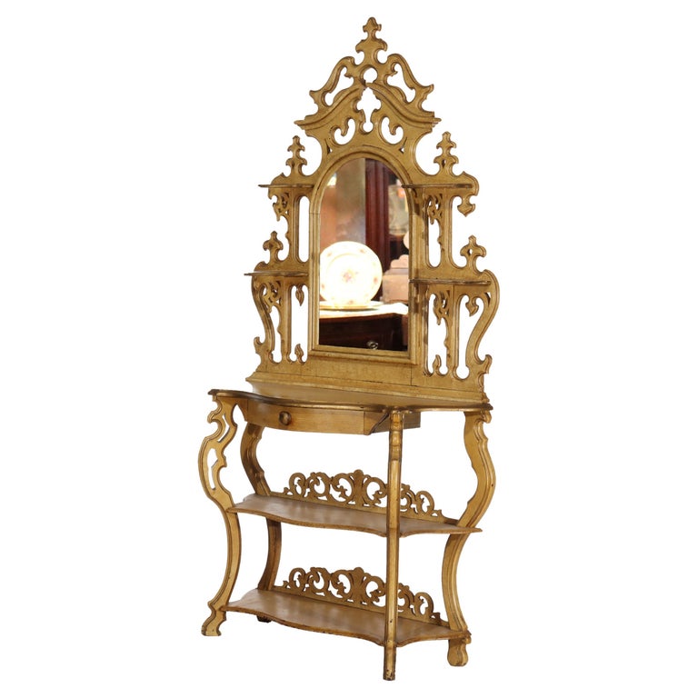 Antique Faux Painted Carved Walnut Etagere With Mirror C1890