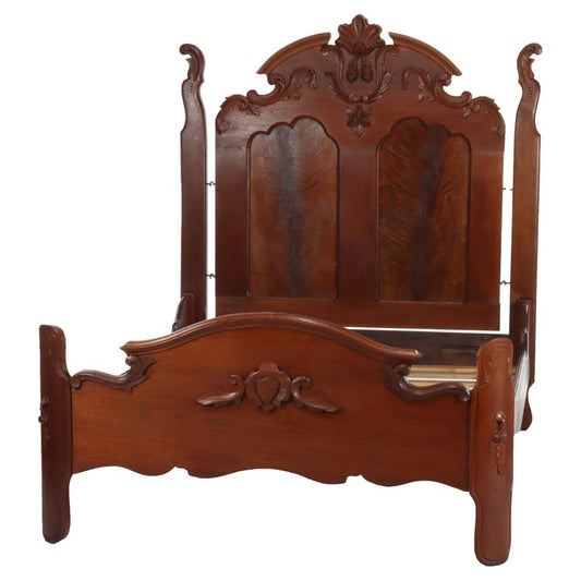 Antique Victorian Renaissance Revival Carved Walnut & Burl Bed Frame c1890