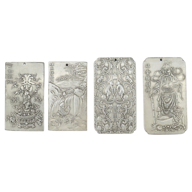 Four Antique Chinese Engraved White Metal Scroll/Book Weights c1900