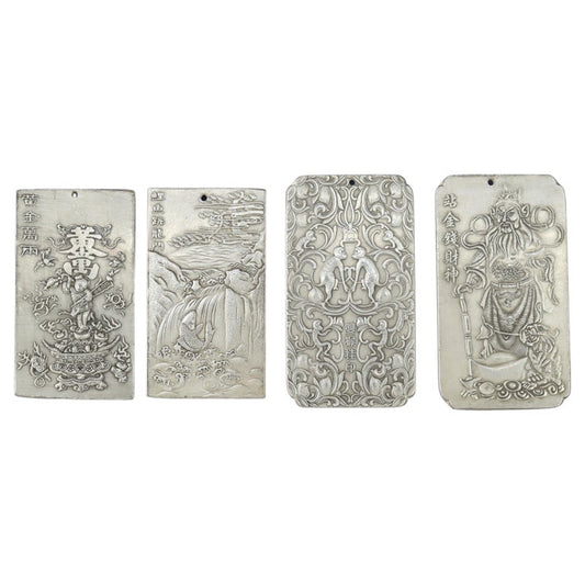 Four Antique Chinese Engraved White Metal Scroll/Book Weights c1900