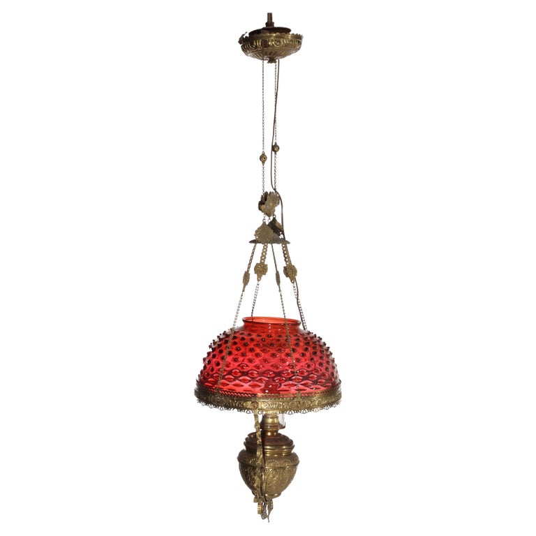 Antique Cranberry Hobnail Glass & Brass Hanging Light, Electrified, C1900