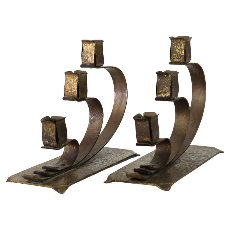 Pair Of Antique E. T. C. Fish Arts & Crafts Hammered Brass 3-Light Candelabra