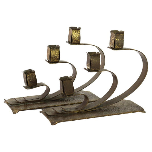 Pair Of Antique E. T. C. Fish Arts & Crafts Hammered Brass 3-Light Candelabra