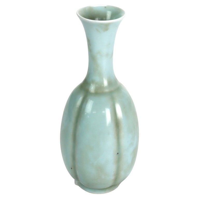 Chinese Celadon Porcelain Melon Ribbed Vase Signed 20thC