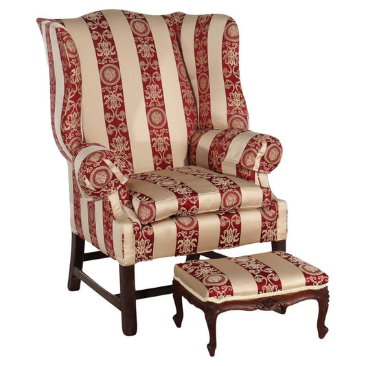 Antique Chippendale Wingback Feather Cushion Armchair & Footstool c1880