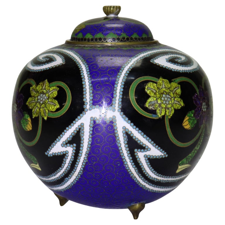 Antique Chinese Cloisonne Enameled Lidded & Footed Jar Early 20thC