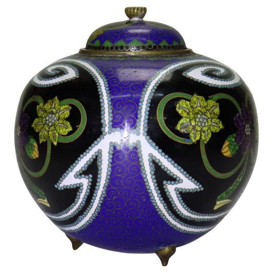 Antique Chinese Cloisonne Enameled Lidded & Footed Jar Early 20thC
