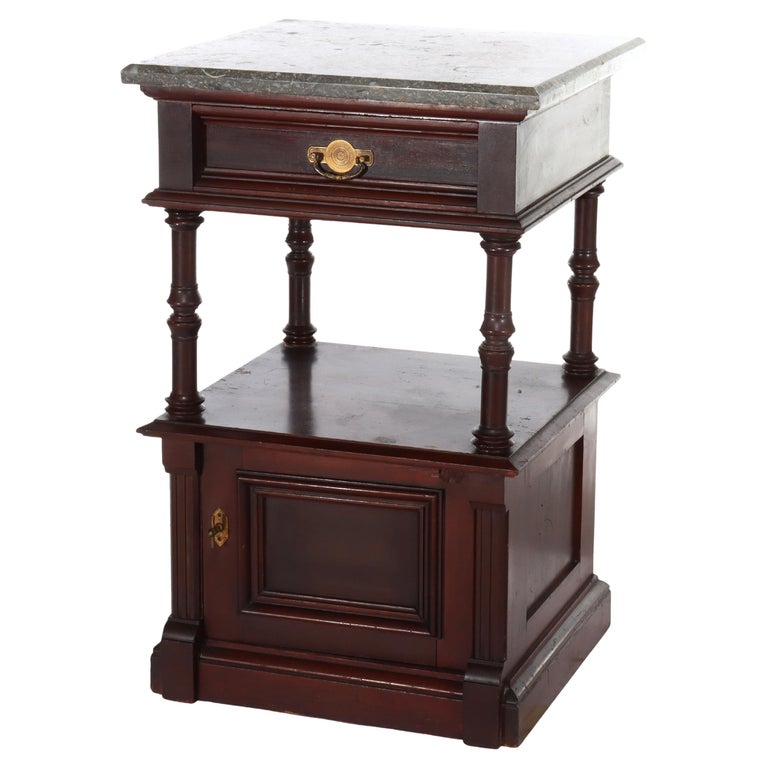 Antique Rennaisance Revival Walnut & Burl Marble Top Commode c1890